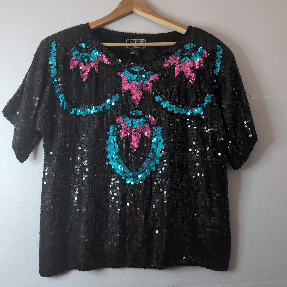Vintage JLB Silk Sequin Top Black Teal Pink Floral Beaded Blouse 80s Evening